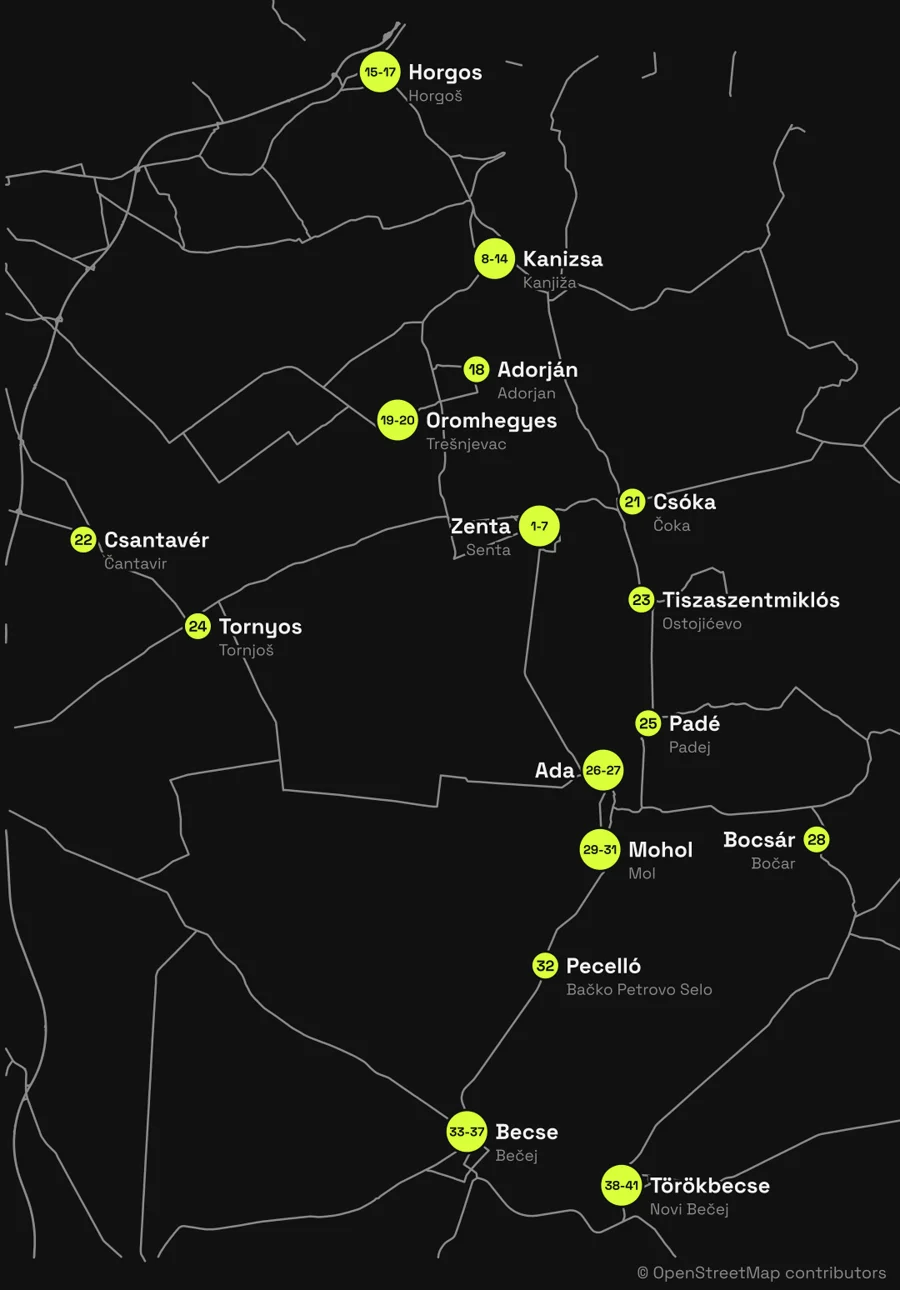 A 41 bolt, ahol a ZENSODA szódája kapható, 16 településen: Zenta, Kanizsa, Horgos, Adorján, Oromhegyes, Csóka, Csantavér, Tiszaszentmiklós, Tornyos, Padé, Ada, Bocsár, Mohol, Pecelló, Becse és Törökbecse; a számok a lista sorszámai.