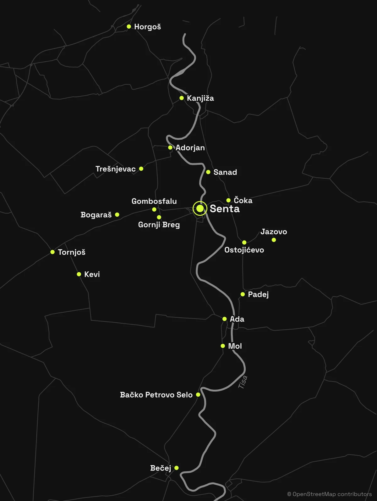 Mapa područja dostave: Senta i okolna mesta u koja dostavljamo sodu